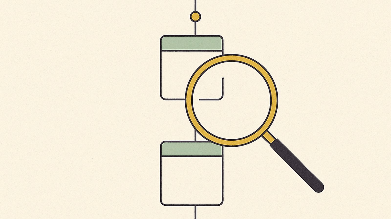 A vertical chain of linked records with a magnifying glass over one entry