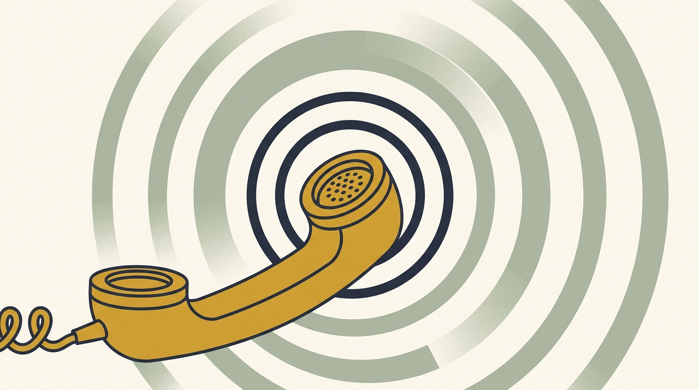Flat illustration of a telephone handset with signal rings radiating outward