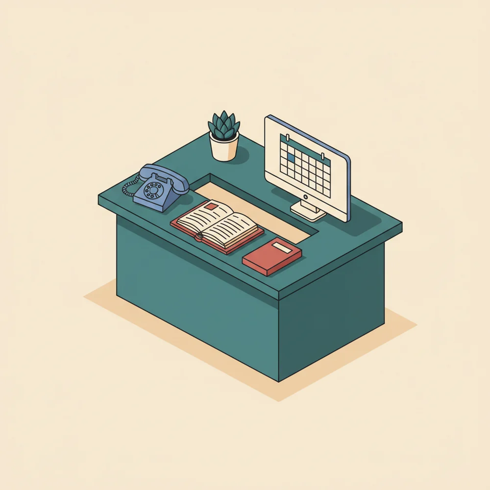 Illustration of a dental practice reception desk with phone and appointment book