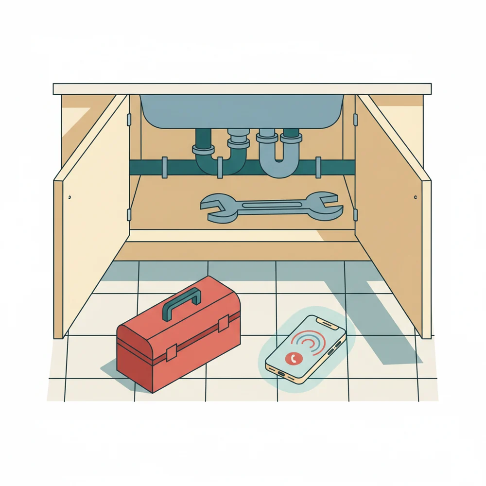 Illustration of a phone ringing on the floor beside an open sink cabinet and toolbox